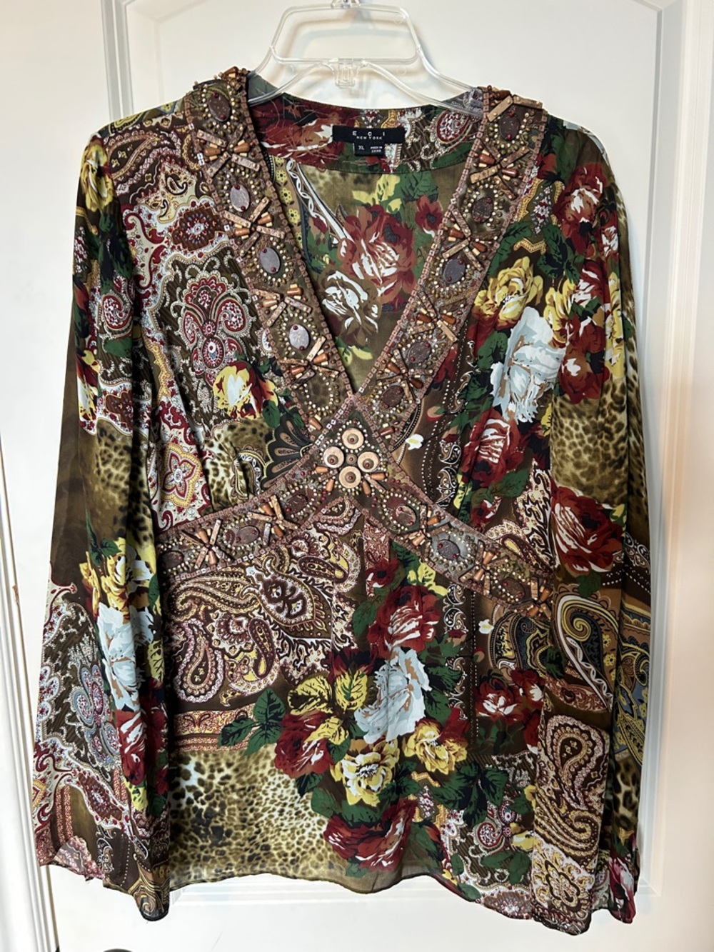 ECI  Multi Floral Beaded Silk Top, XL